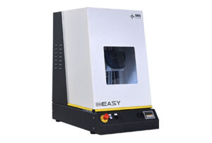 Desktop 3D printer with white enclosure, black base, and side control panel labeled EASY on the front edge.